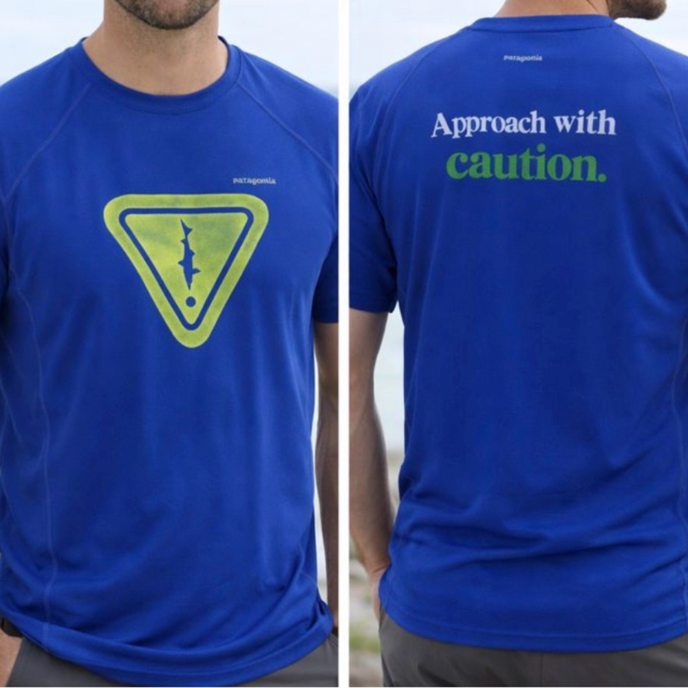 * Patagonia Men’s Blue Graphic T-Shirt “Approach with Caution” Short Sleeve Tee